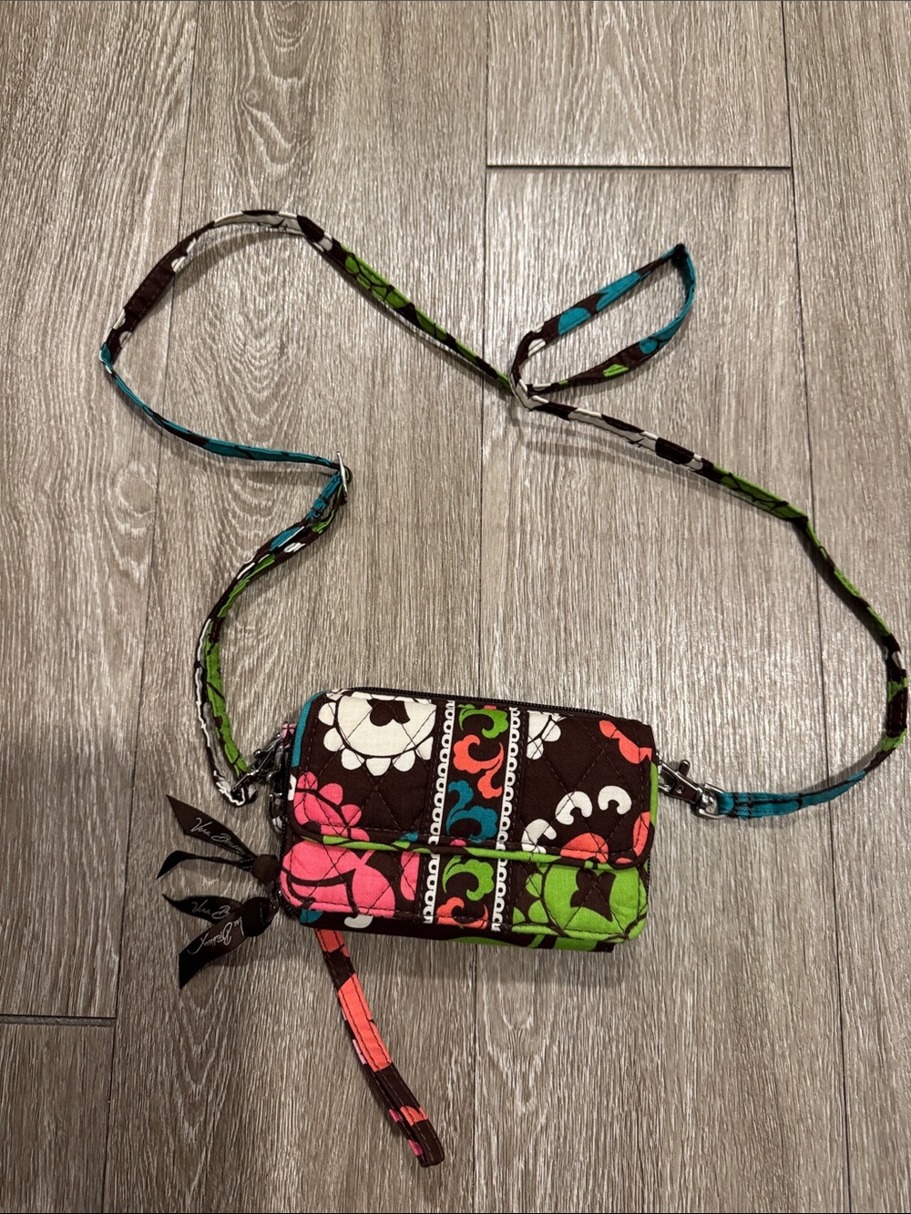 Vera Bradley Brown Crossbody Wallet with Pink & Green Floral